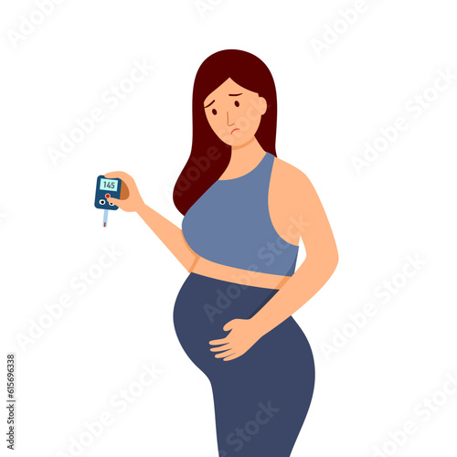 Gestational diabetes concept vector illustration. Sad pregnant woman with blood sugar level test in flat design.