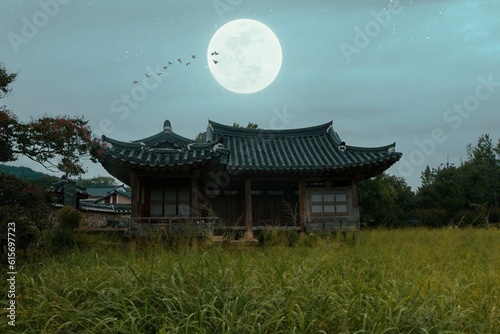 Korean traditional house in the middle of rice field at full moon night, rural area near Seoul, South Korea © Emanuele