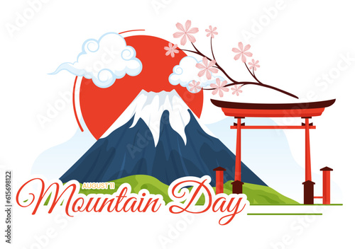 Photography Mountain Day in Japan Vector Illustration on August 11 with Mount Fuji and Sakur