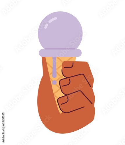 Soft serve ice cream ball in hand semi flat colorful vector hand. Delicious icecream eating. Frozen yummy dessert. Editable clip art on white. Simple cartoon spot illustration for web graphic design