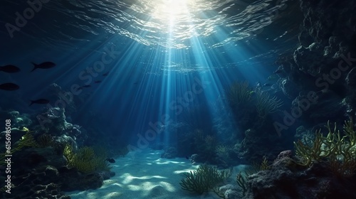 Underwater Sea Deep Abyss With Blue Sun light generative AI © fajar
