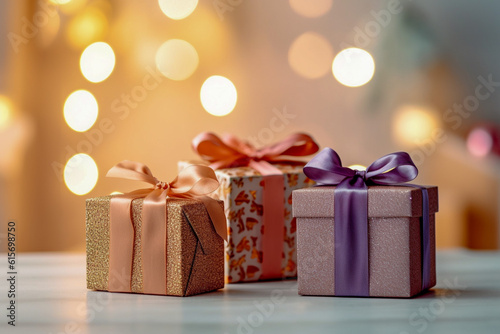 Gift boxes with ribbon and bow, Super photo realistic background. Generative ai illustration