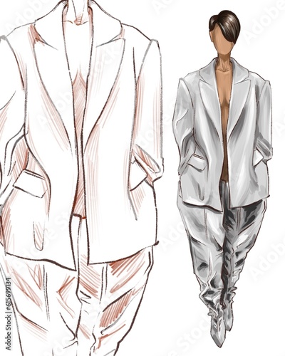 girl in white jacket and high leather boots walking on podium. trendy clothes fashion illustration for blog, shop or paper doll