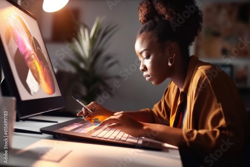 African American graphic designer drawing on tablet pc at her workplace in office, generative AI photo