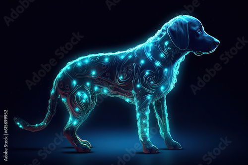 artistic glowing dog with beautiful symbols on his skin, fantasy art decoration 