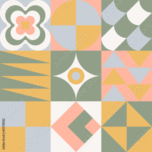 Geometric pattern tile. Simple aesthetic shape ornament. Modern abstract bauhaus seamless background. Square grid lines vector art. Neo geo poster. Shape geometry decorative wallpaper.