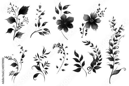 Abstract Painted Black Floral Elements