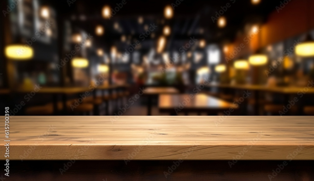 table product display, bar with abstract bokeh lights blur background