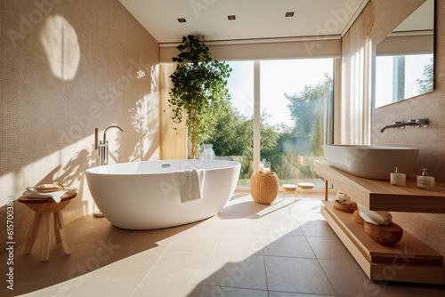 Modern bathroom with big window, super photo realistic background. Generative ai illustration