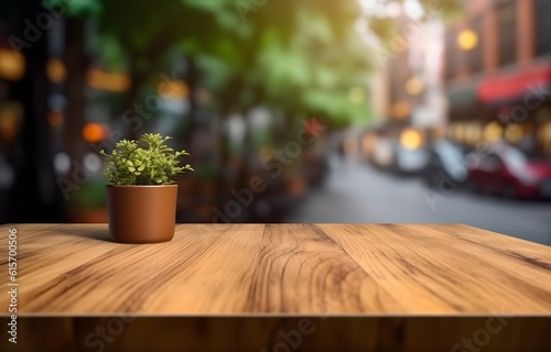 table product display, coffee shop with street blur background © ITrWorks