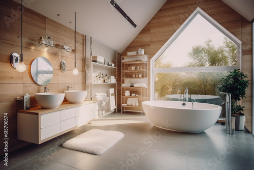 Modern bathroom with big window  super photo realistic background. Generative ai illustration