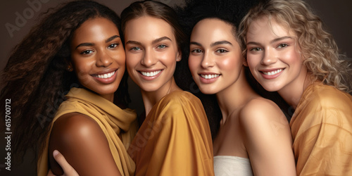 Skincare, diversity and women hug portrait for inclusivity, happiness and healthy skin texture. Interracial beauty and model group with woman smile for cosmetic campaign. Generative AI