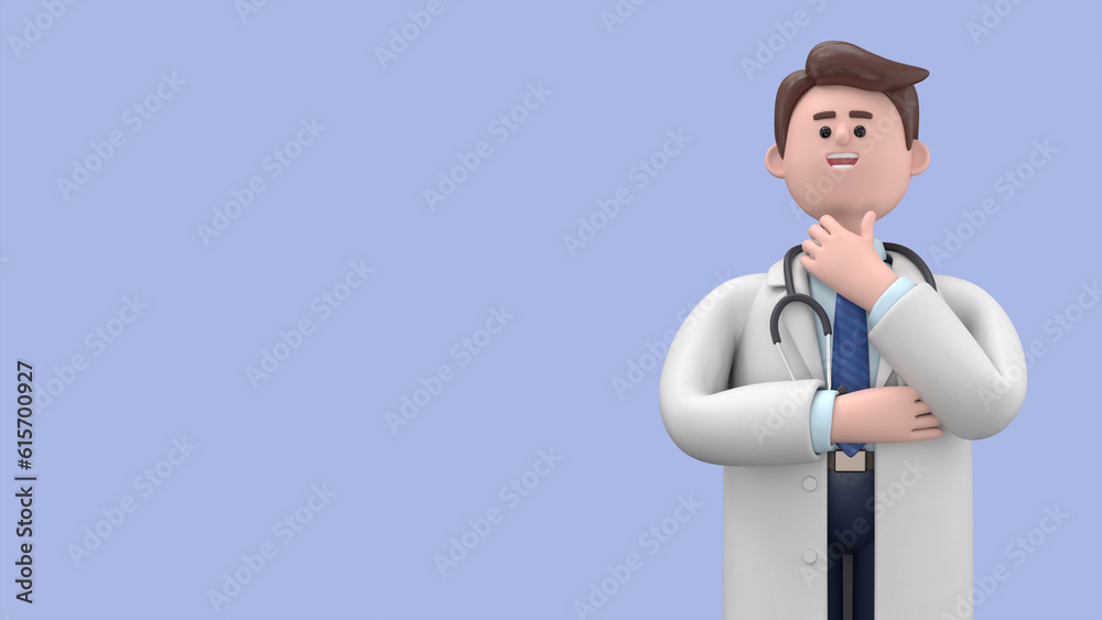3D illustration of Male Doctor Lincoln pondering making decision. Portraits of cartoon characters solving problems, feeling concerned puzzled lost in thoughts. Searching and finding a solution concept