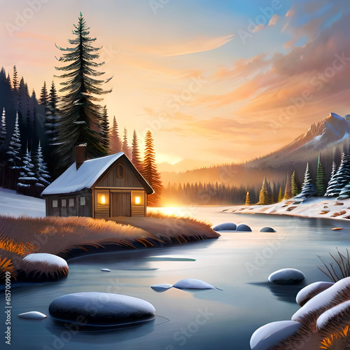 winter sunset in the mountains village Generative AI © Mubashsira Binta