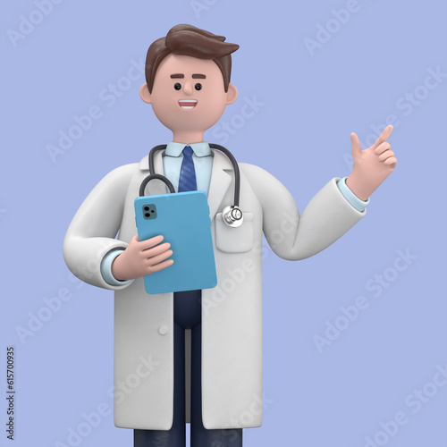 3D illustration of Male Doctor Lincoln holding tablet and pointing finger at direction. Cute cartoon smiling attractive businessman using social networking and working in office application.
