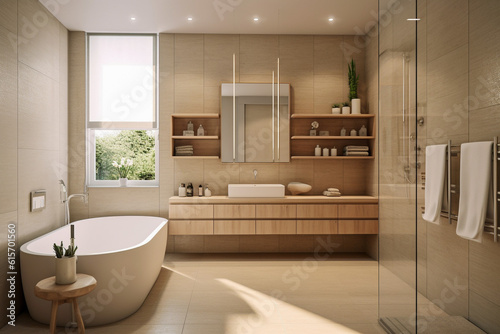 Modern bathroom with big window  super photo realistic background. Generative ai illustration