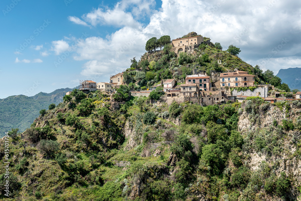 View of the famous cinematic mountain village in Sicily Savoca, south Italy