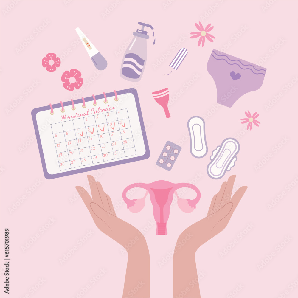 Women hold uterus,menstrual cup, tampon, pregnancy test, smartphone , menstrual calendar application, app for menstruation periods, female hands, flowers, hand drawn vector illustrations Women hold uterus,menstrual cup, tampon, pregnancy test, smartphone , menstrual calendar application, app for menstruation periods, female hands, flowers, hand drawn vector illustrations