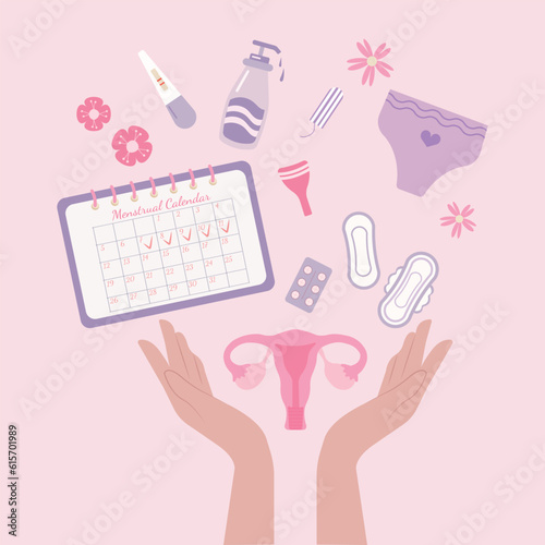 Women hold uterus,menstrual cup, tampon, pregnancy test, smartphone , menstrual calendar application, app for menstruation periods, female hands, flowers, hand drawn vector illustrations