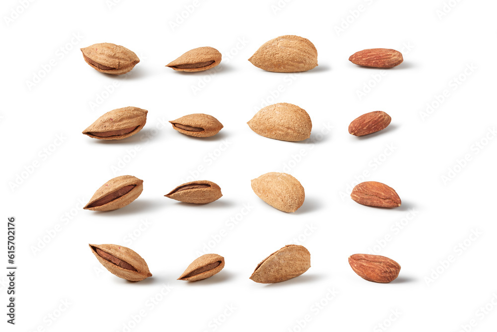 Almond nuts, shelled and hulled on white background. Almond nuts, shelled and hulled on white background.