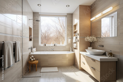 Modern bathroom with big window, super photo realistic background. Generative ai illustration