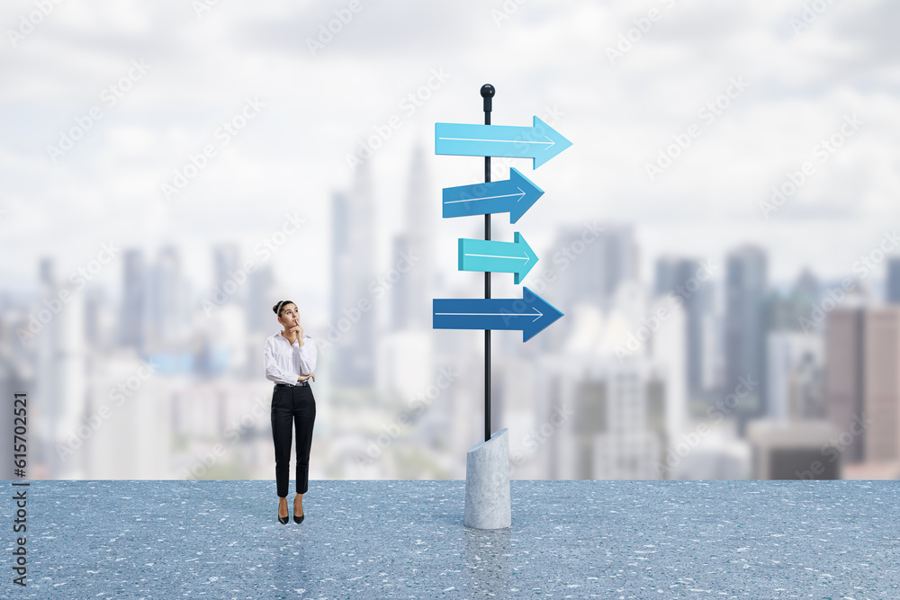 Choice, professional decision and changes concept with pensive woman on the roof near signpost with blue arrows different direction on city skyline background - obrazy, fototapety, plakaty 
