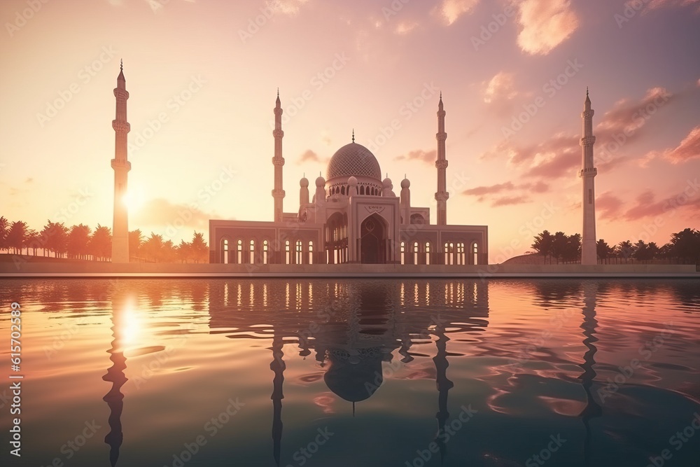 Beautiful serene mosque with light exposure made with Generative AI