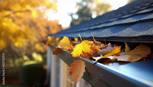 Gutters with leaves being cleaned on a single