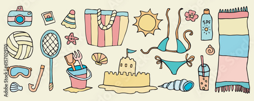Vector doodle beach vacation set, cute sea party activity icons, kawaii sand castle, tropical holiday