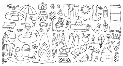Vector beach activity doodle set, isolated on white, outline colouring book page, summer vacation accessory collection © AlexTroi
