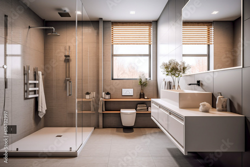 Modern bathroom with big window  super photo realistic background. Generative ai illustration