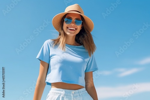 Portrait beautiful woman wearing sunglasses and hat smiling confident made with Generative AI