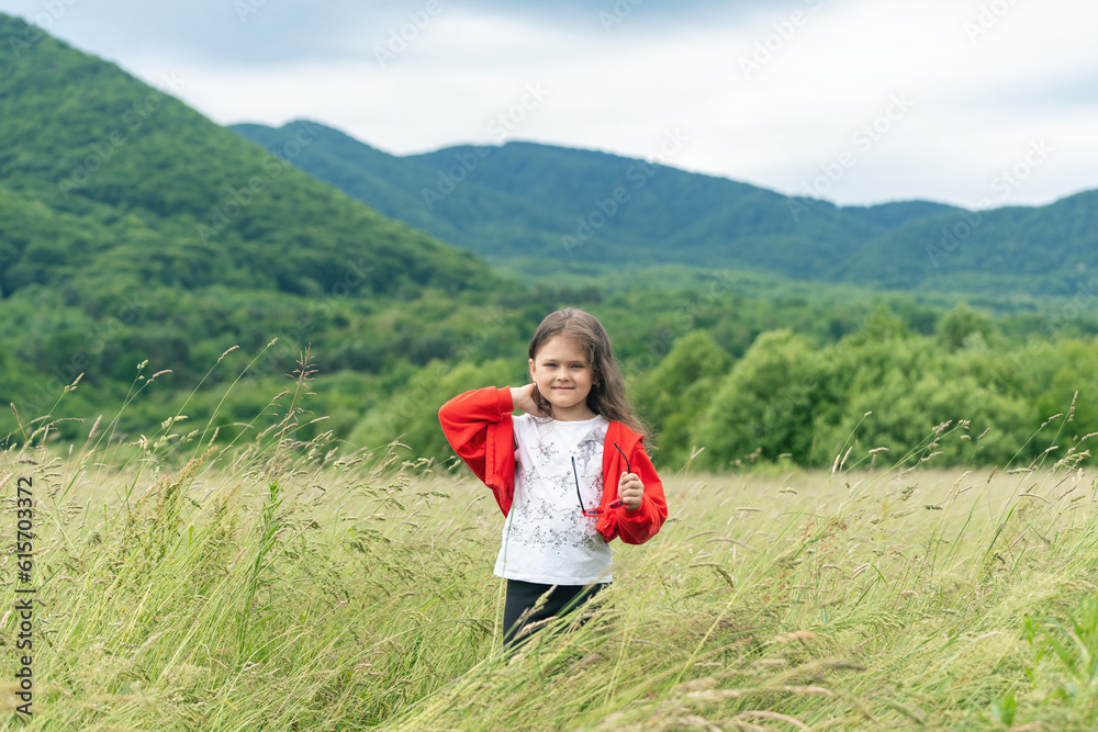 Portrait of a little girl in a meadow in the mountains