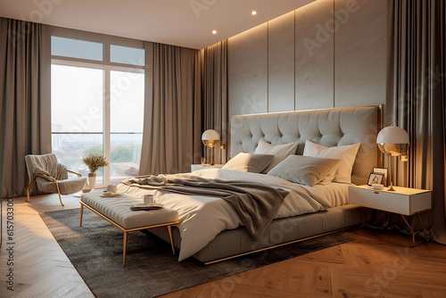 Modern bedroom with big window, super photo realistic background. Generative ai illustration © Anna