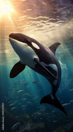 Generative AI Killer whale swimming in the deep blue ocean. 3d render © Diio