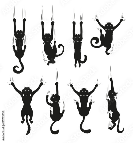 Black cat scratching wall climbing feline silhouette with scratches set vector flat illustration