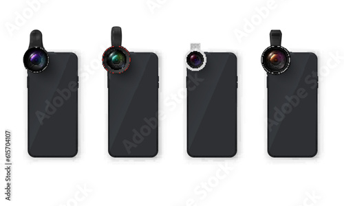Clip on lenses mobile phone attract camera optical zoom smartphone photo tools set realistic vector