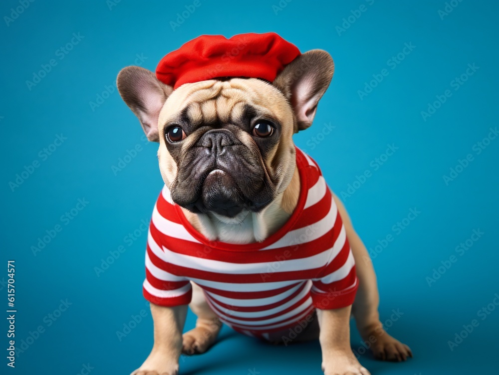 French Bulldog dressed up in a French costume, striped shirt. Generative ai