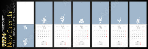 2024 New year modern Business Wall Calendar week starts Monday first 6 month