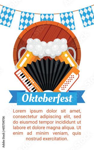 Oktoberfest Germany beer holiday party invitation poster malt accordion and barrel isometric vector