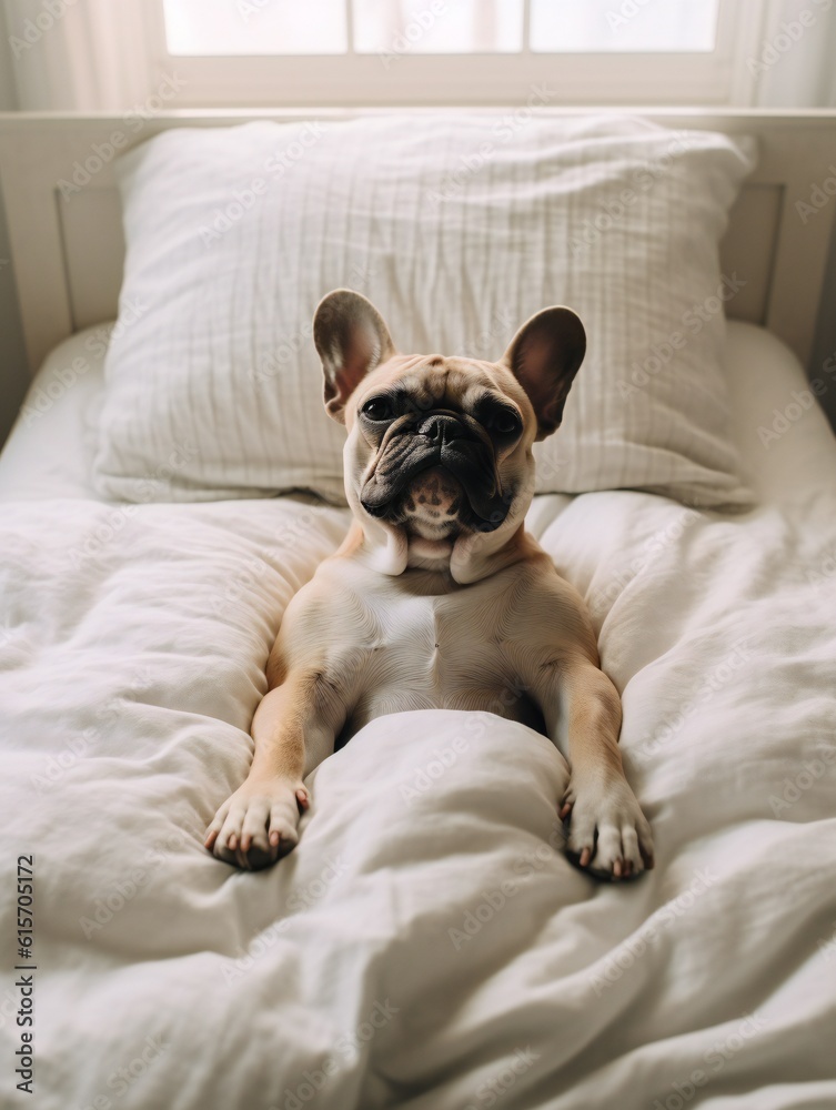 French Bulldog laying on a white bed in a bedroom. Generative ai