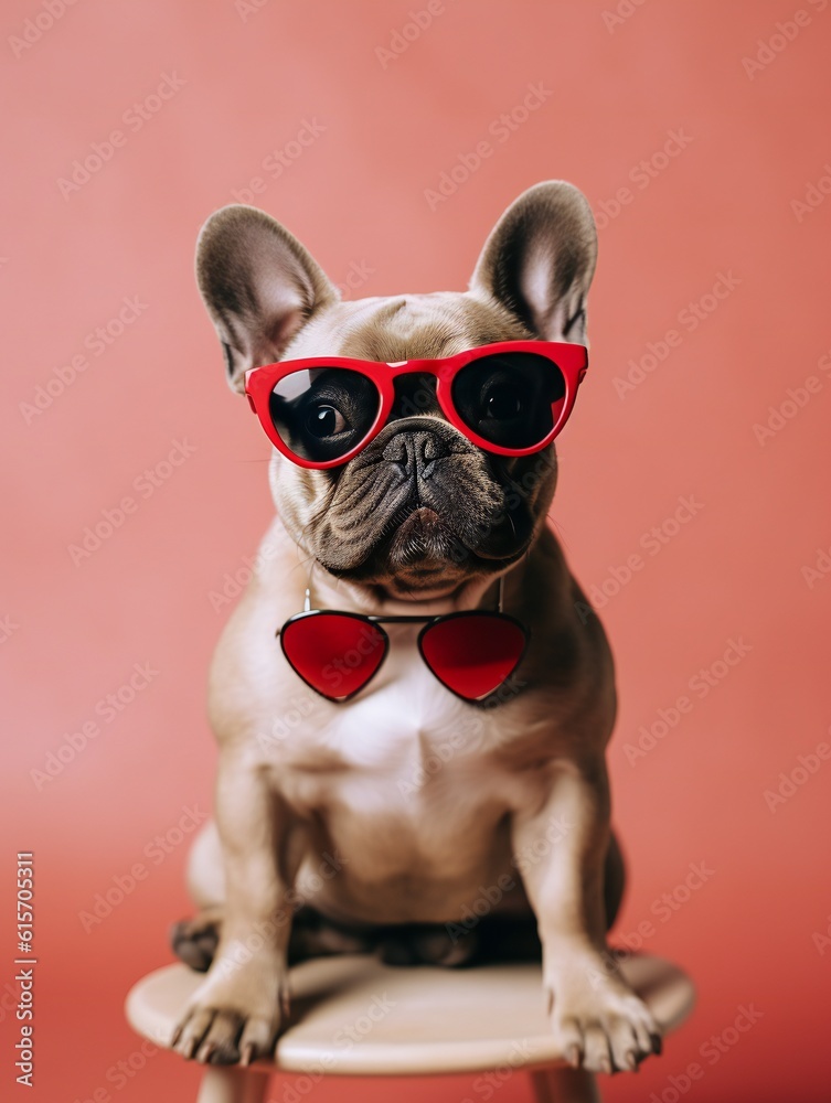 French Bulldog puppy dog wearing heart sunglasses. Vertical orientation. Generative ai