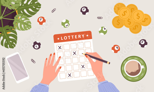 Lottery game. Female hand drawing crosses on ticket with pen. People are gambling. Top view with balls and coins. Girl wants to win cash prize. Vector illustration in flat cartoon style.