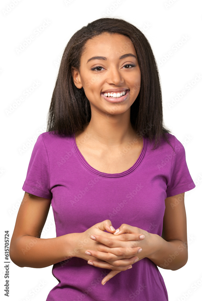 Friendly Young Girl Standing wit Hands Clasped - Isolated Friendly Young Girl Standing wit Hands Clasped - Isolated