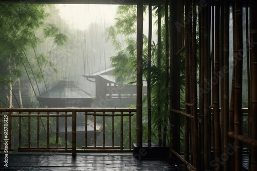 a small balcony full of mist surrounded by bamboo trees, in the style of animated gifs, emotional and dramatic scenes, , wet-on-wet blending, nature scenes, 32K UHD. generative ai
