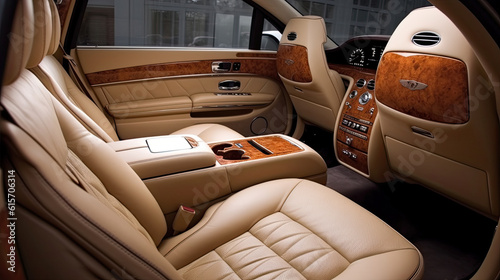 the inside of a car with beige leather seats and wood trims, in an interior shot taken from the driver's seat