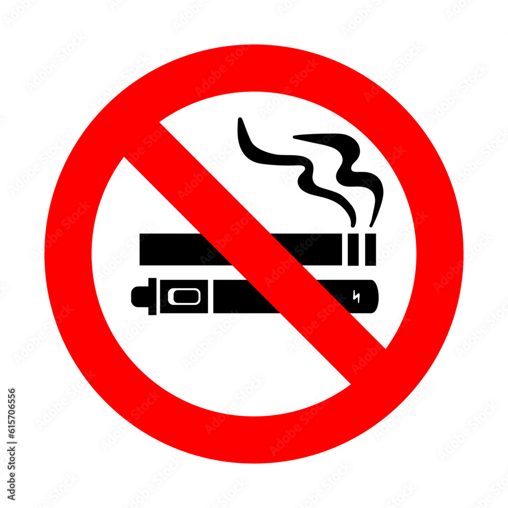 No smoking no vaping sign. Forbidden sign icon isolated on white background vector illustration. Cigarette, vape and smoke and in prohibition circle. No smoking no vaping sign. Forbidden sign icon isolated on white background vector illustration. Cigarette, vape and smoke and in prohibition circle.