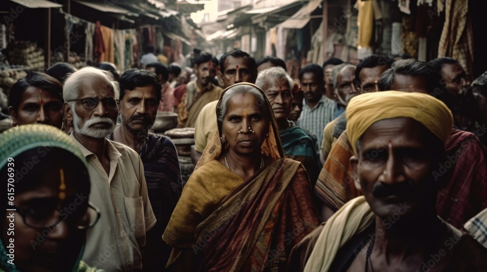 A bustling marketplace in India, filled with a variety of people from different ethnic backgrounds, engaging in lively haggling and exchanging goods . Generative AI. 