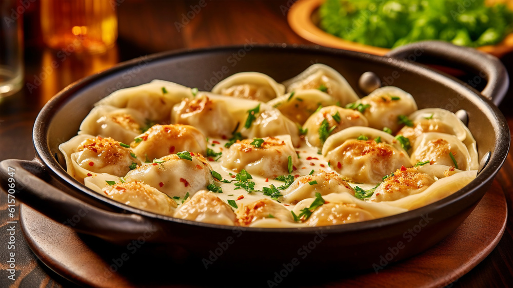 Delicious pelmeni, dumplings, ravioli, for menu in restaurant, banners, social media Delicious pelmeni, dumplings, ravioli, for menu in restaurant, banners, social media