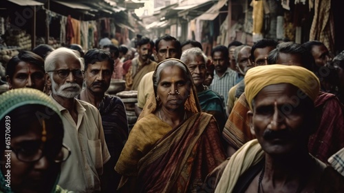 A bustling marketplace in India, filled with a variety of people from different ethnic backgrounds, engaging in lively haggling and exchanging goods . Generative AI.  photo